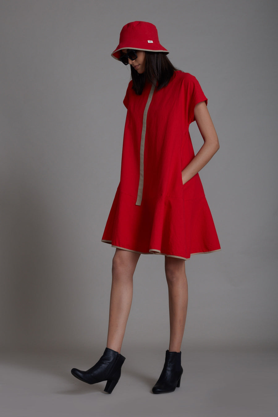 A Model Wearing Red Pure Cotton Red A-line Dress, curated by Only Ethikal