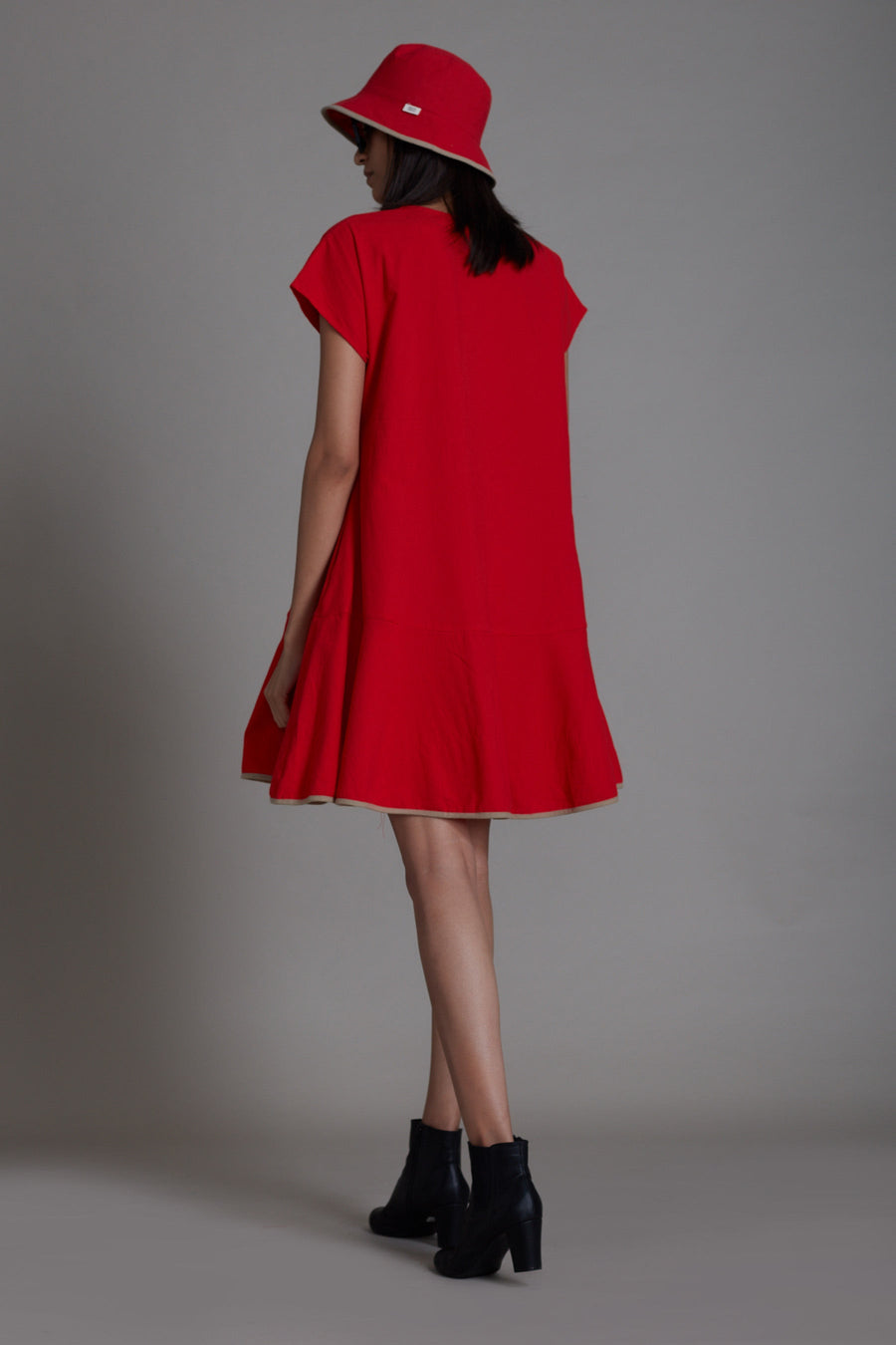 A Model Wearing Red Pure Cotton Red A-line Dress, curated by Only Ethikal