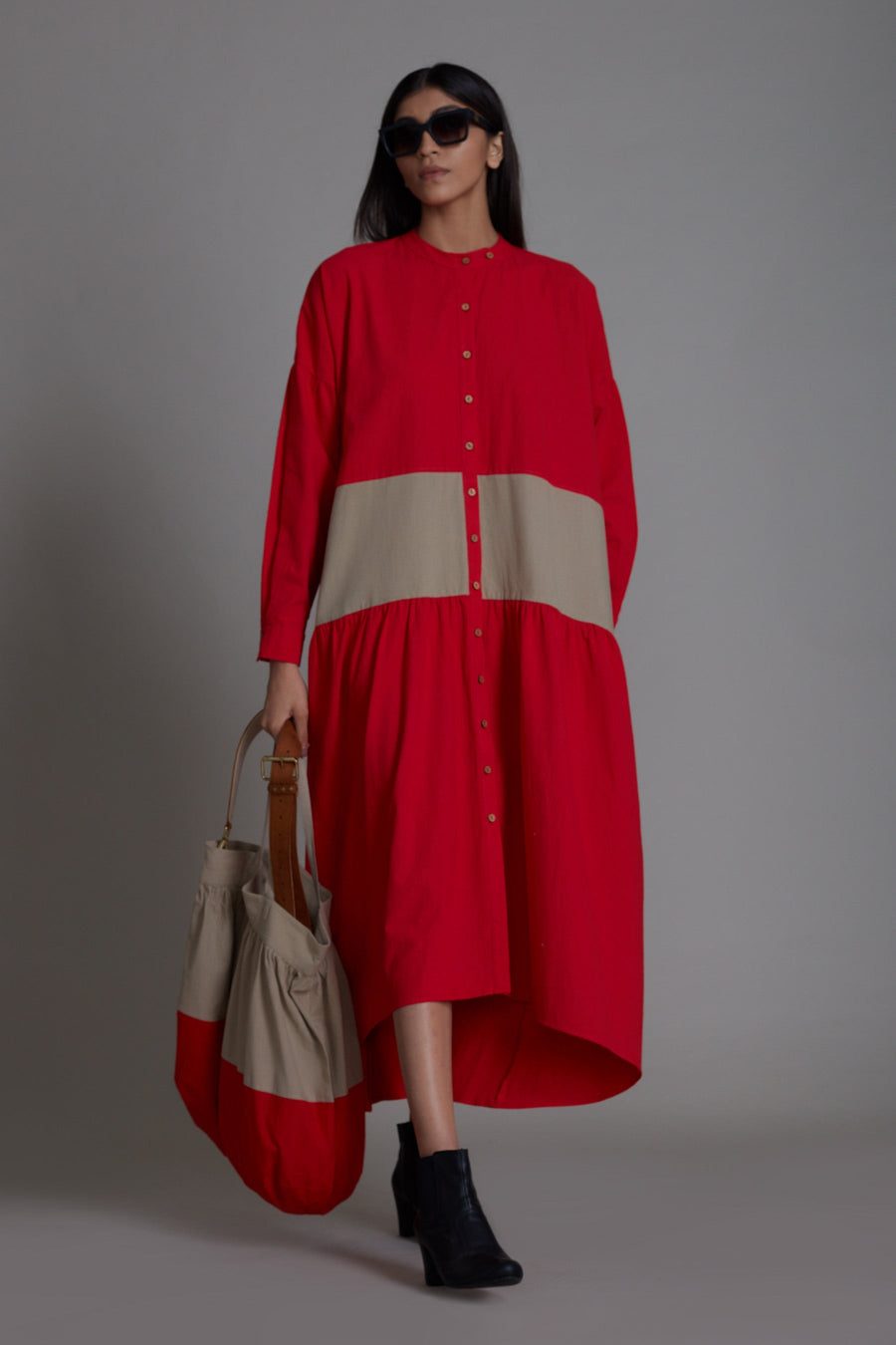 A Model Wearing Red Pure Cotton Red & Beige Band Dress, curated by Only Ethikal