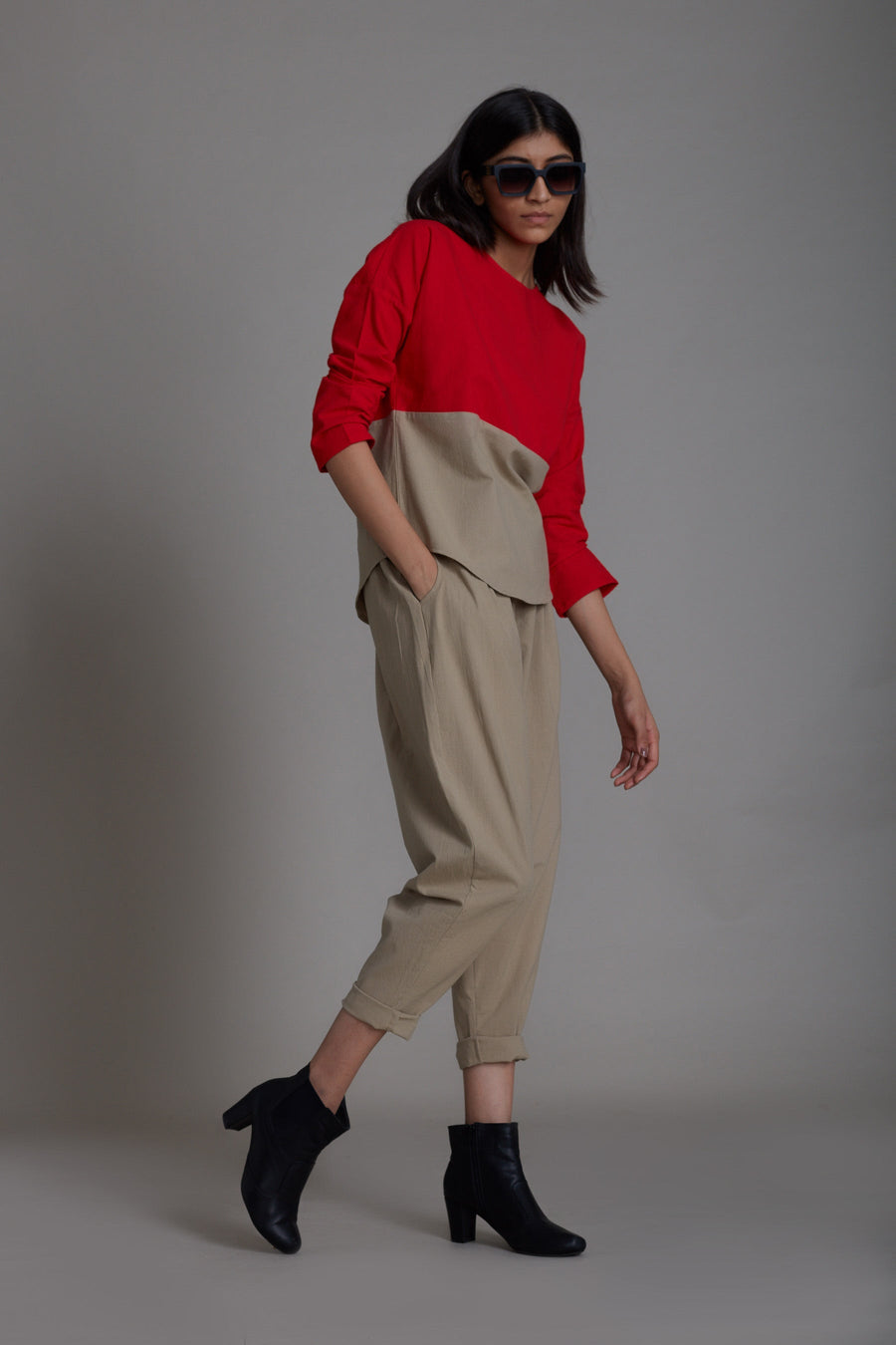 A Model Wearing Beige Pure Cotton Red & Beige Rekin Set, curated by Only Ethikal