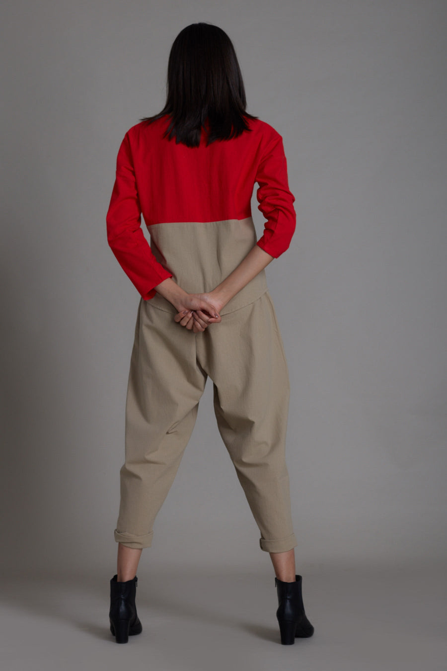 A Model Wearing Beige Pure Cotton Red & Beige Rekin Set, curated by Only Ethikal