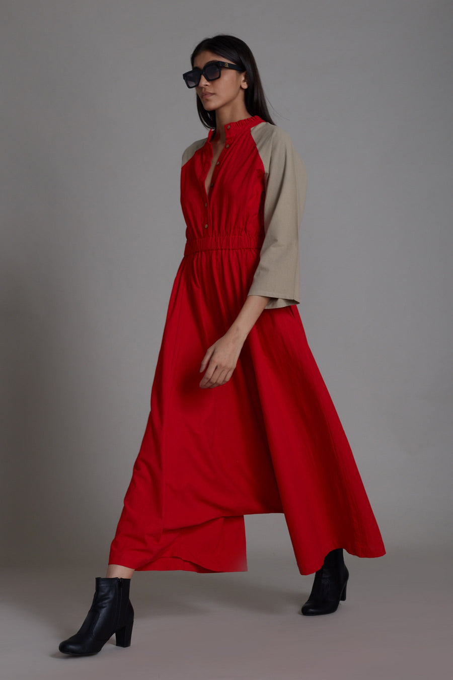 A Model Wearing Red Pure Cotton Red & Beige Sphara Jumpsuit, curated by Only Ethikal