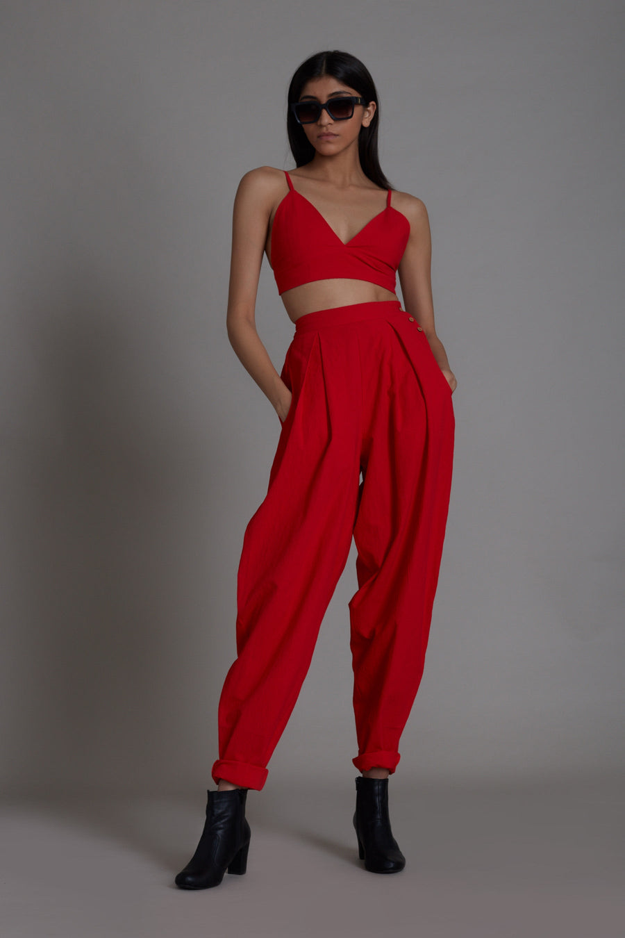 A Model Wearing Red Pure Cotton Red Mile Pants, curated by Only Ethikal