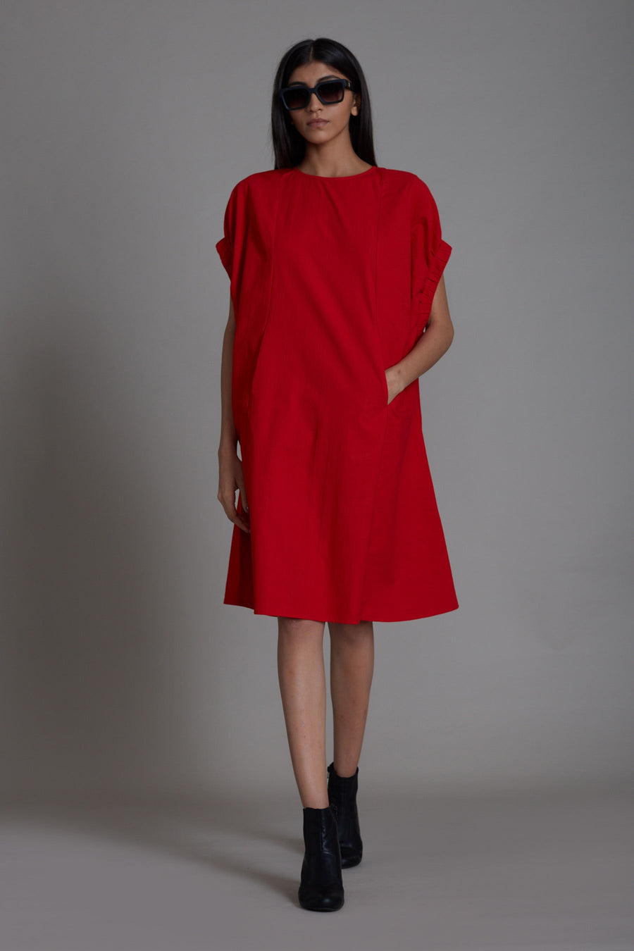 A Model Wearing Red Pure Cotton Red Pocket Dress, curated by Only Ethikal