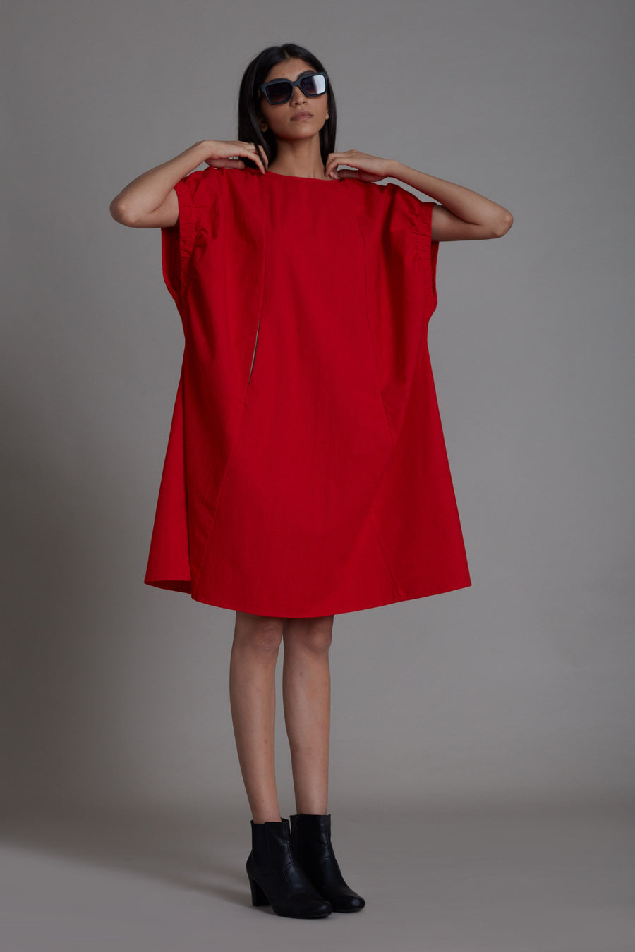 A Model Wearing Red Pure Cotton Red Pocket Dress, curated by Only Ethikal