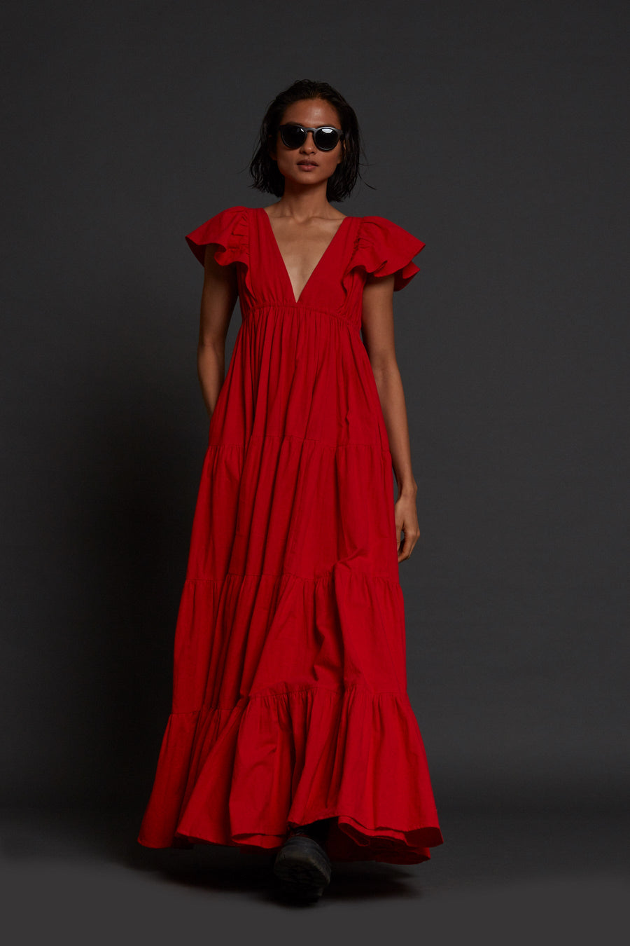 A Model Wearing Red Pure Cotton Red Tiered Gown, curated by Only Ethikal