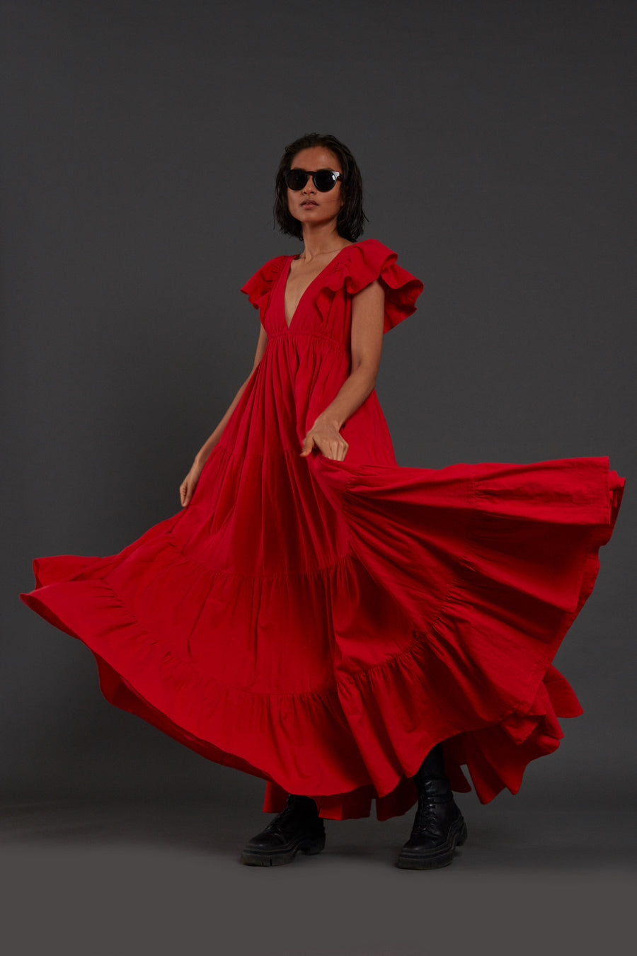 A Model Wearing Red Pure Cotton Red Tiered Gown, curated by Only Ethikal