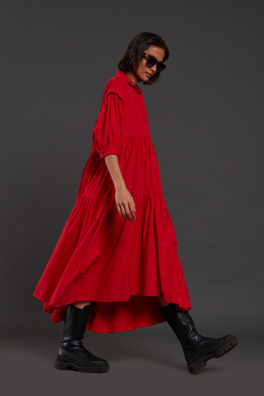 A Model Wearing Red Pure Cotton Red Tiered Shirt Dress, curated by Only Ethikal