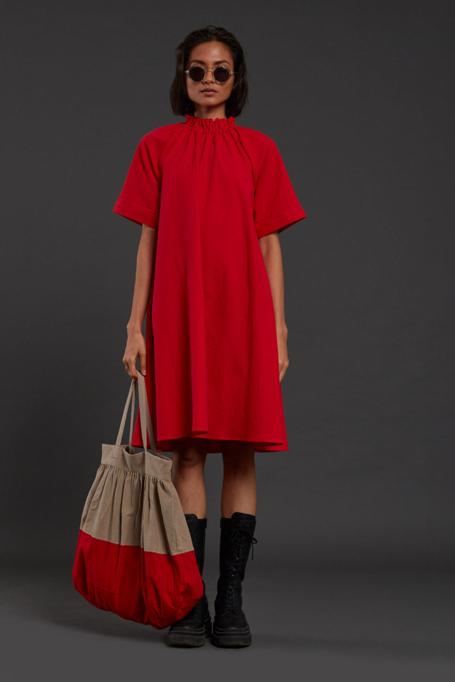 A Model Wearing Red Pure Cotton Red Tora Dress, curated by Only Ethikal