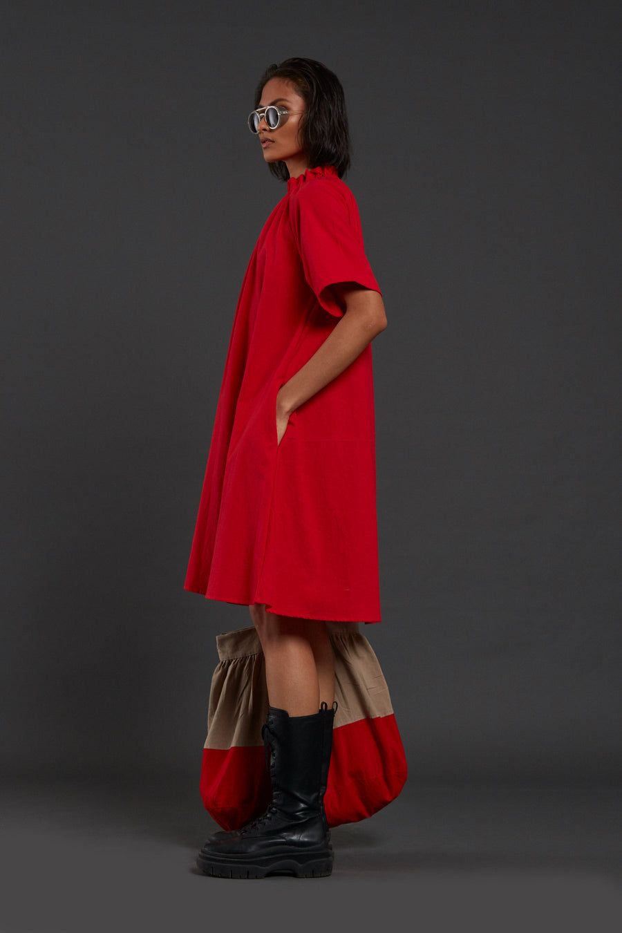 A Model Wearing Red Pure Cotton Red Tora Dress, curated by Only Ethikal