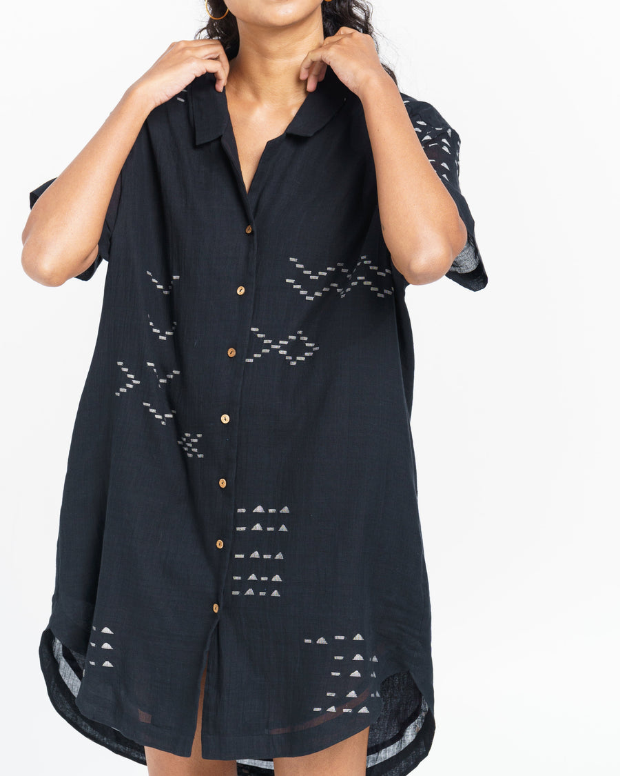 A Model Wearing Black Handwoven Cotton Relaxed-Fit Shirt Tunic, curated by Only Ethikal
