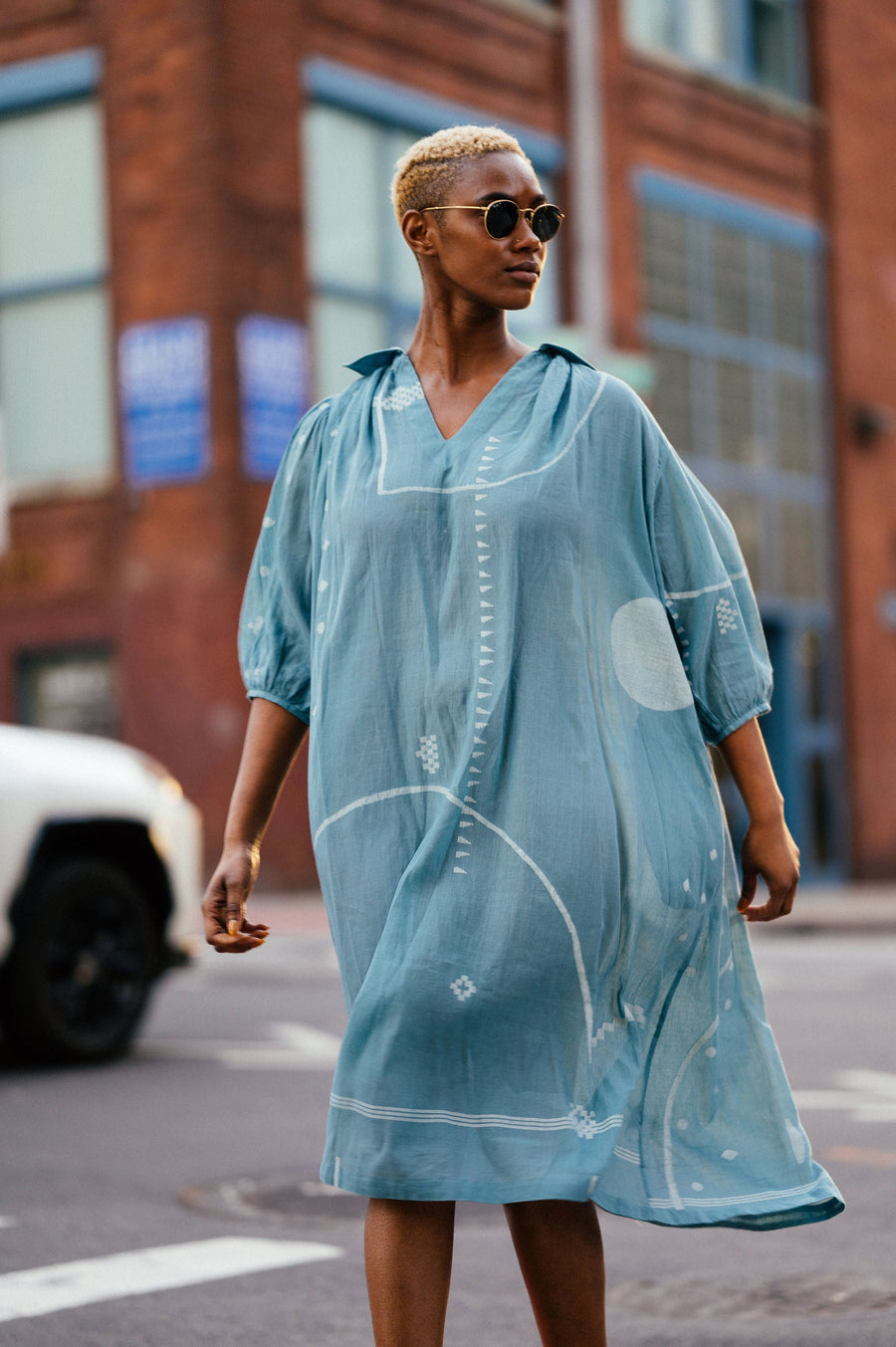 A Model Wearing Blue Handwoven Cotton Relaxed Fit Midi Dress, curated by Only Ethikal