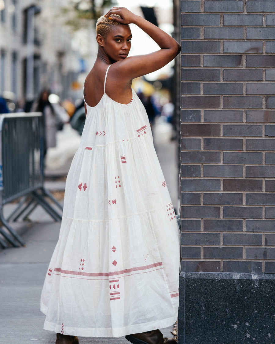 A Model Wearing White Handwoven Cotton Ruffle Tiered Handwoven Slip Dress, curated by Only Ethikal