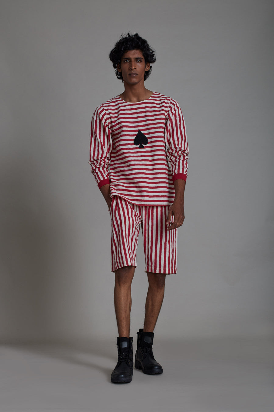 A Model Wearing White Pure Cotton Spade Red Stripe Set, curated by Only Ethikal