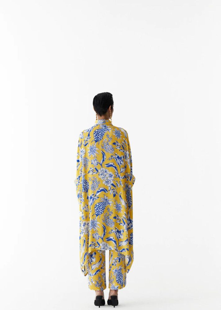 A Model Wearing Multicolor Organic Cupro Yellow Pineapple Front Button Kimono And Pants Co-Ord, curated by Only Ethikal