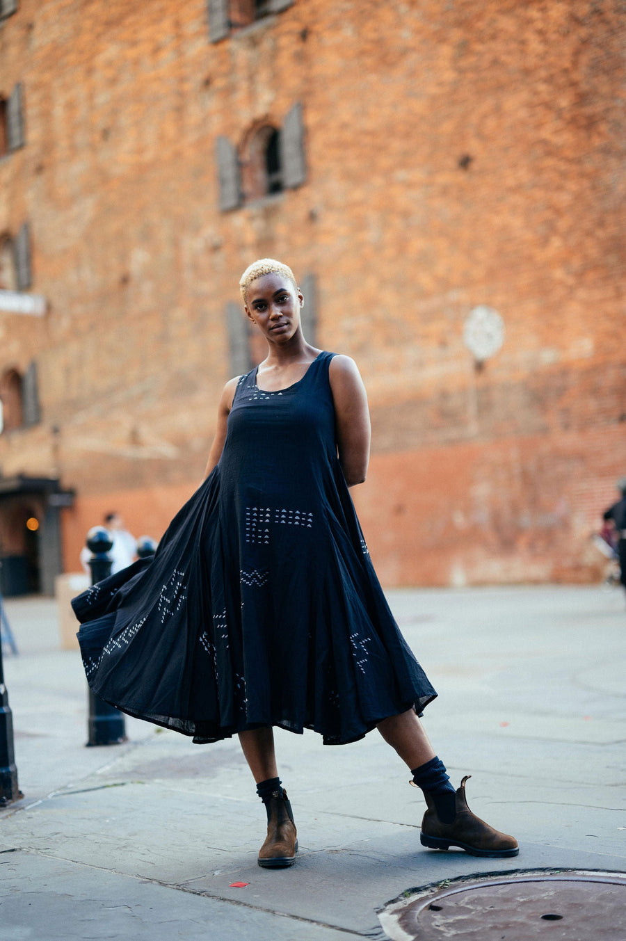 A Model Wearing Black Handwoven Cotton Scoop-Neck Gathered Midi Dress, curated by Only Ethikal