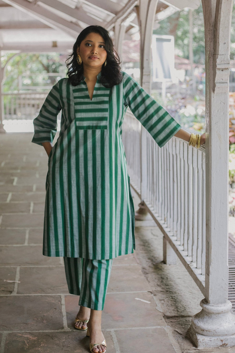 A Model Wearing Green Pure Cotton Stella Kurta Set, curated by Only Ethikal