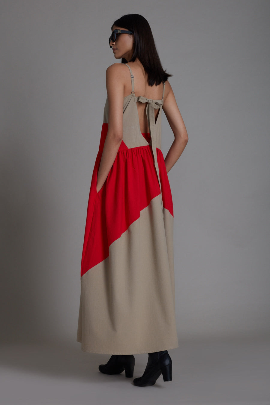 A Model Wearing Multicolor Pure Cotton Strap Beige & Red Dress, curated by Only Ethikal