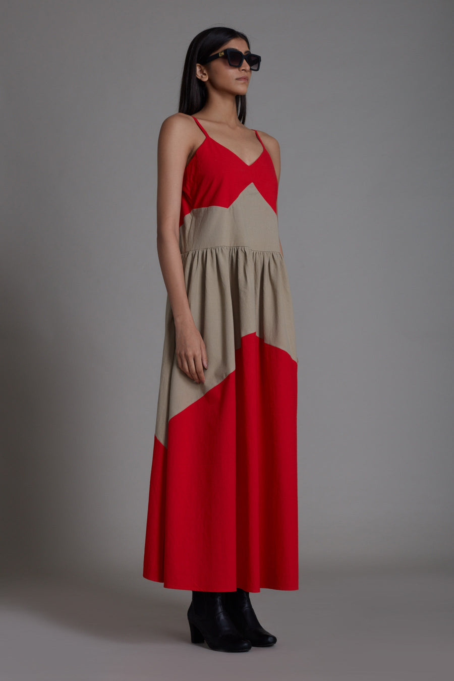 A Model Wearing Multicolor Pure Cotton Strap Red & Beige Dress, curated by Only Ethikal