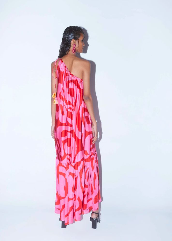 A Model Wearing Multicolor Organic Cupro Candy One Shoulder Dress, curated by Only Ethikal