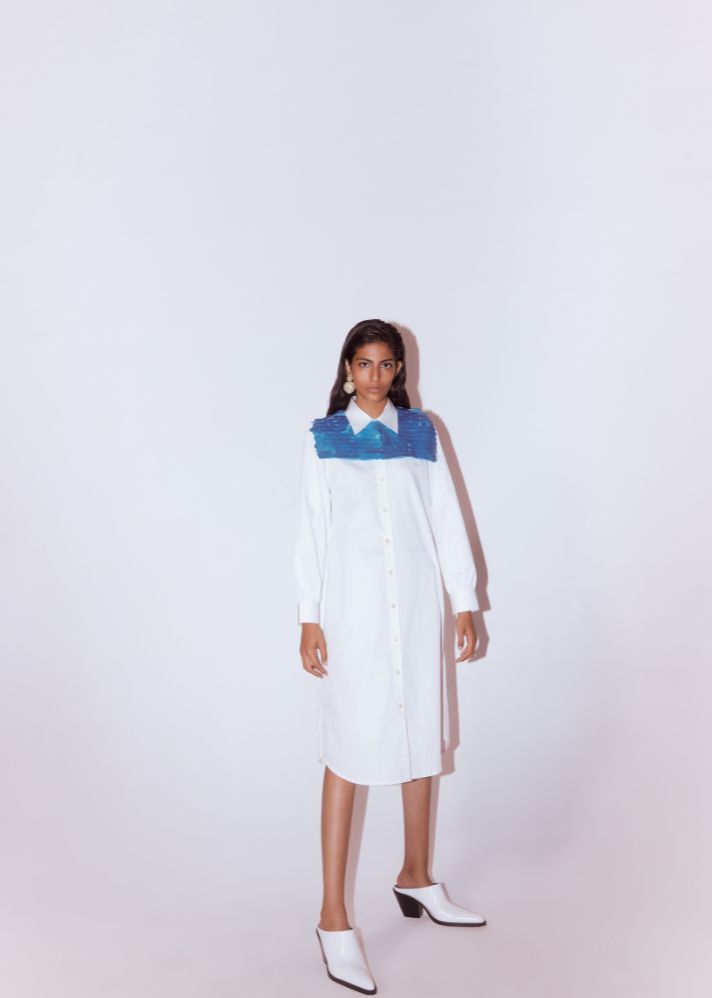 A Model Wearing White Pure Cotton Sunflower Shirt Dress , curated by Only Ethikal