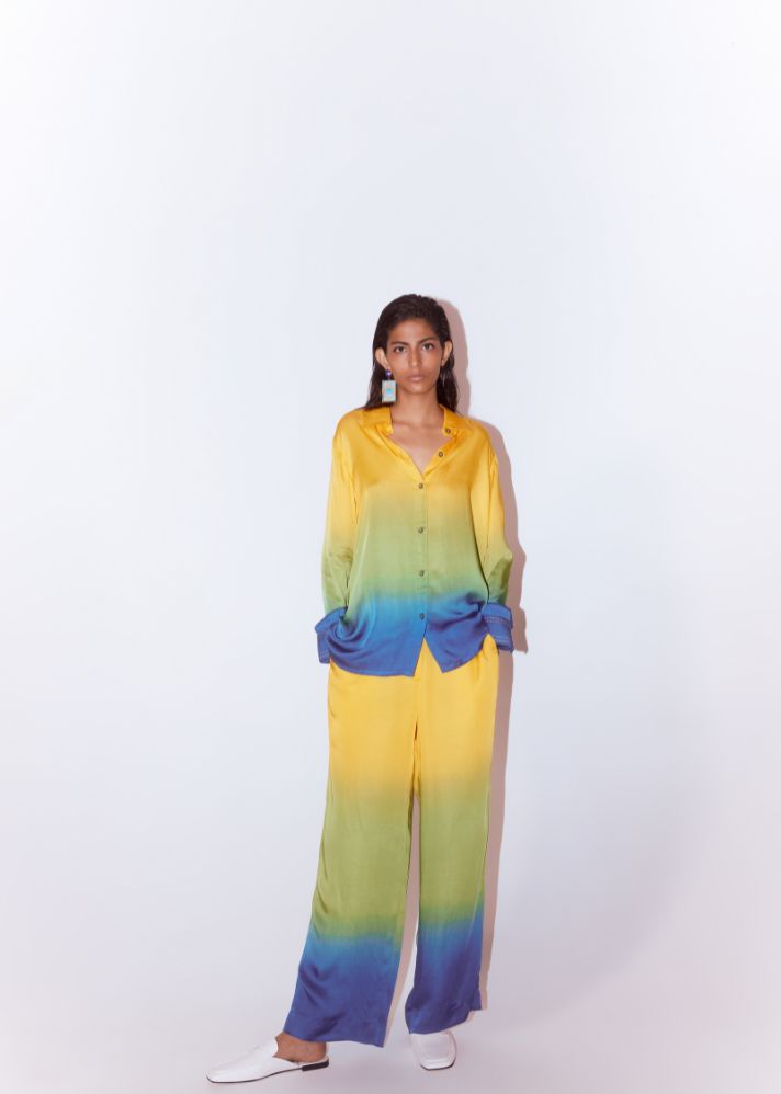 A Model Wearing Multicolor Organic Cupro  Tropical Leheriya Shirt And Pants Co-Ord (Yellow/ Green/ Blue), curated by Only Ethikal