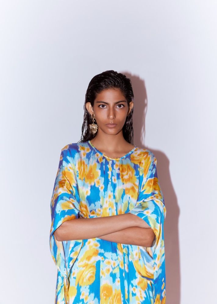 A Model Wearing Multicolor Organic Cupro Marigold Kimono Kurta And Pants Co-Ord, curated by Only Ethikal