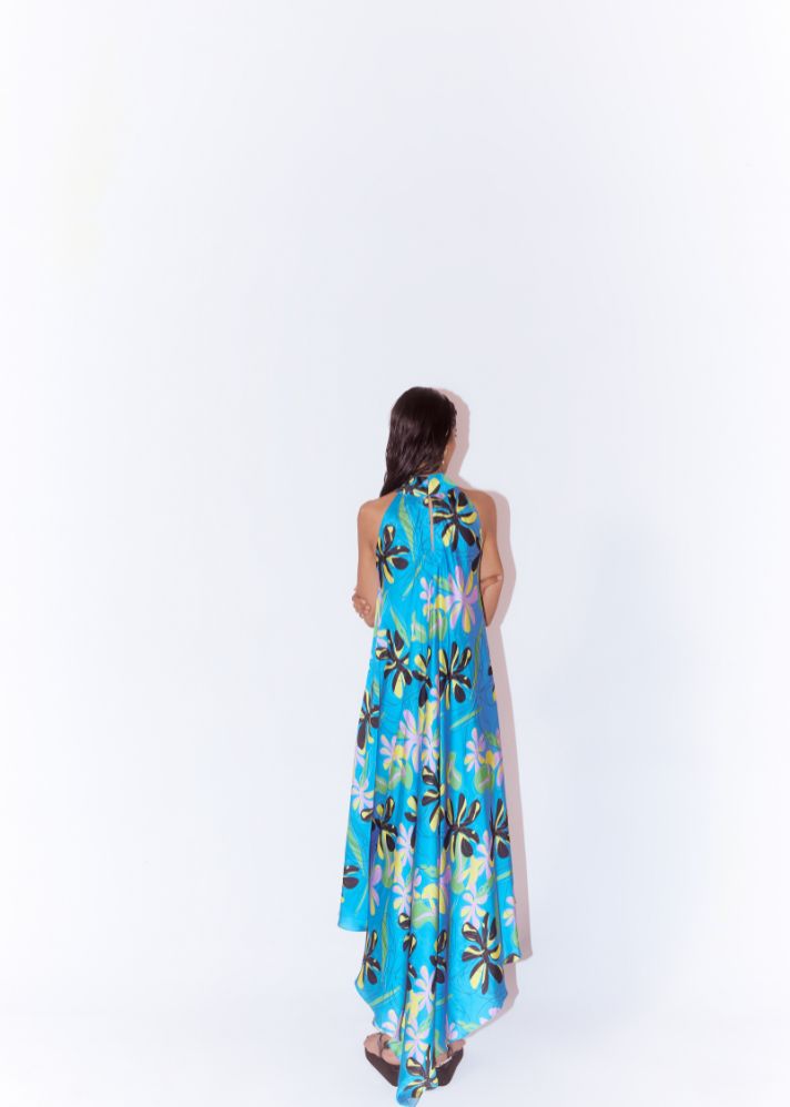 A Model Wearing Blue Organic Cupro Dahlia Halter Dress, curated by Only Ethikal