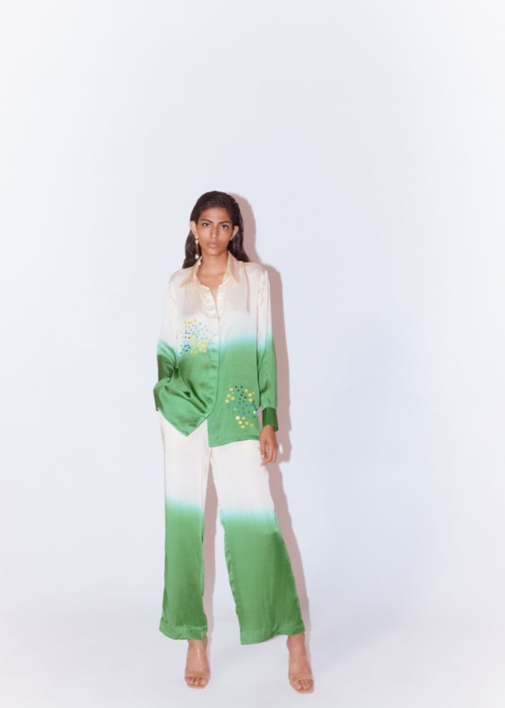 A Model Wearing Multicolor Organic Cupro Lime Ice Leheriya Shirt And Trousers Co-Ord (Beige/Green), curated by Only Ethikal