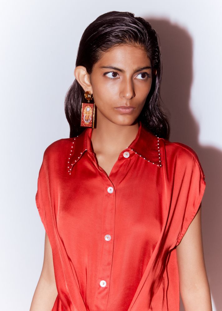 A Model Wearing Red Organic Cupro Aspen Knot Shirt ( Red), curated by Only Ethikal