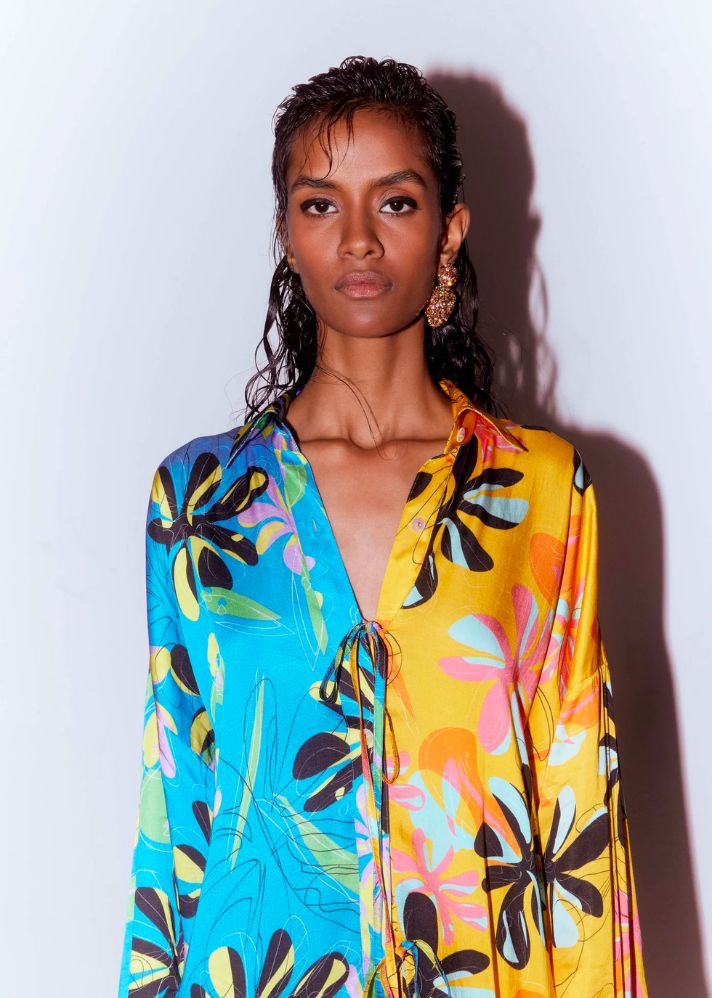 A Model Wearing Multicolor Organic Cupro Dalia Half And Half Printed Shirt Dress, curated by Only Ethikal