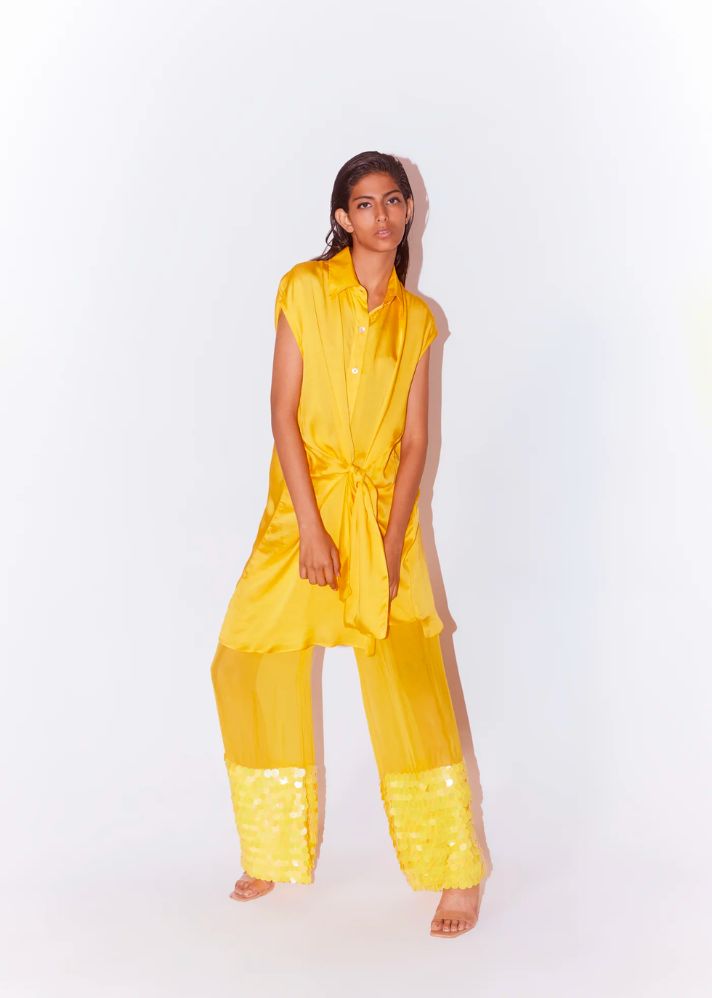 A Model Wearing Yellow Organic Cupro Aspen Organza Embroidered Trousers (Yellow), curated by Only Ethikal