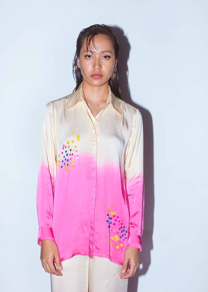 A Model Wearing Multicolor Organic Cupro Berry Leheriya Shirt And Trousers Co-Ord (Beige/Pink), curated by Only Ethikal