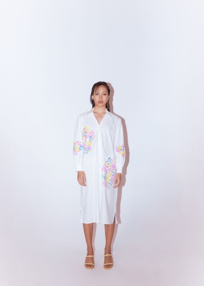 A Model Wearing White Pure Cotton Forget Me Knot Shirt Dress, curated by Only Ethikal