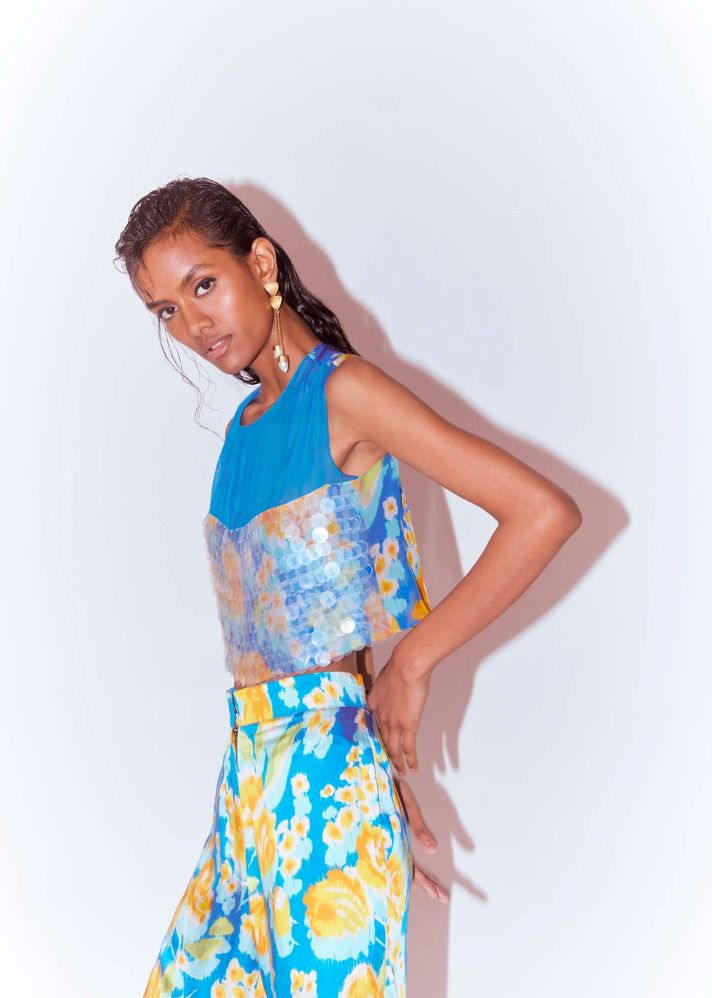 A Model Wearing Multicolor Organic Cupro Marigold  Crop Top And Pants Co-Ord, curated by Only Ethikal
