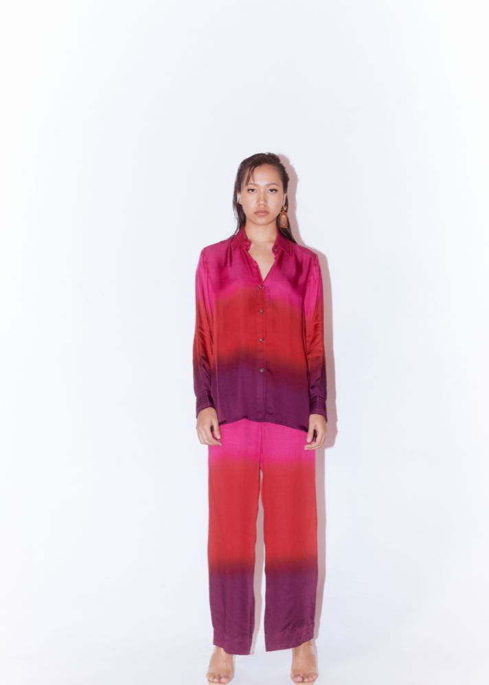 A Model Wearing Multicolor Organic Cupro  Candy Leheriya Shirt And Pants Co-Ord (Pink/Red/Purple), curated by Only Ethikal