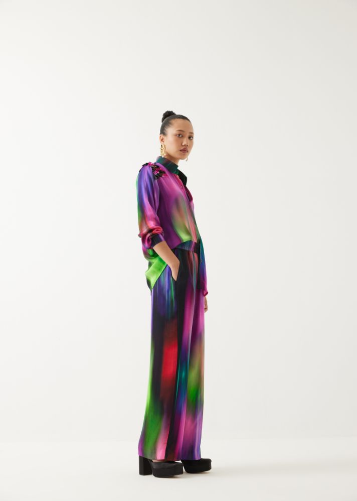 A Model Wearing Multicolor Organic Cupro Milky Way Sequin Shirt & Trousers, curated by Only Ethikal