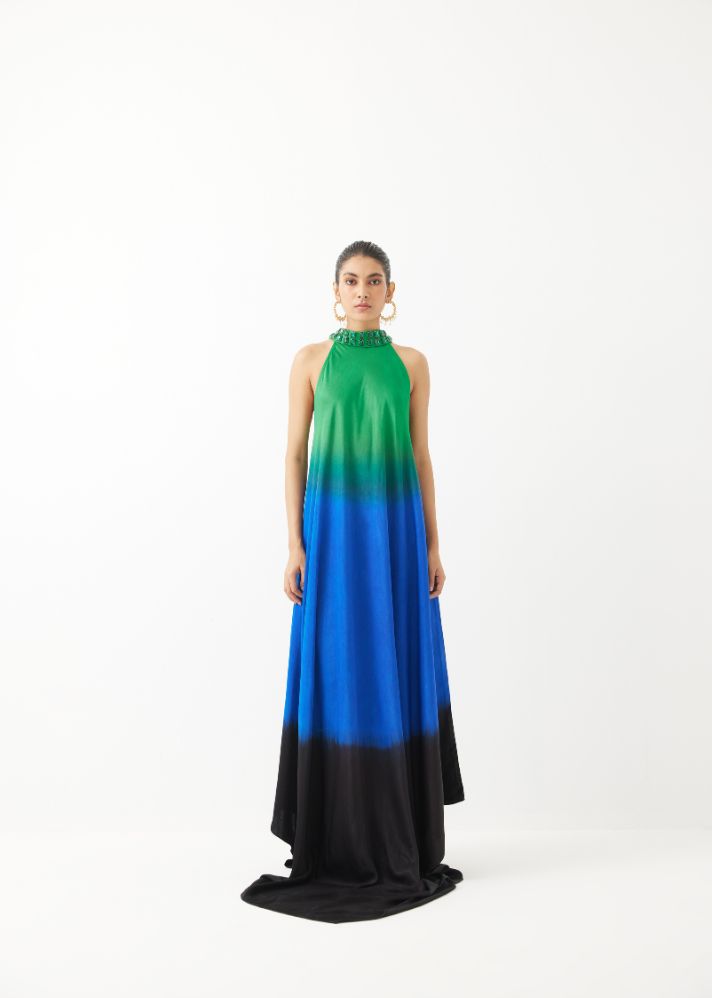 A Model Wearing Multicolor Organic Cupro Leheriya Halter Dress Blue/ Green, curated by Only Ethikal