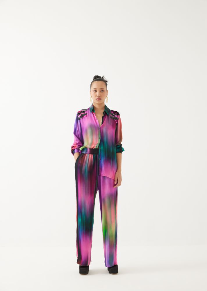 A Model Wearing Multicolor Organic Cupro Milky Way Sequin Shirt & Trousers, curated by Only Ethikal