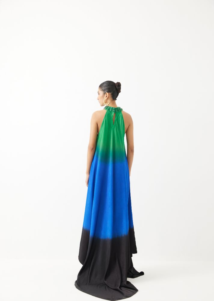 A Model Wearing Multicolor Organic Cupro Leheriya Halter Dress Blue/ Green, curated by Only Ethikal