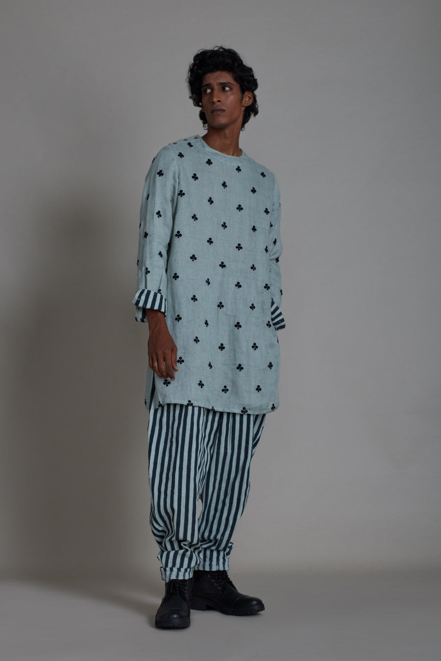 A Model Wearing Blue Pure Cotton Taash Stripe Balloon Pants-Blue, curated by Only Ethikal