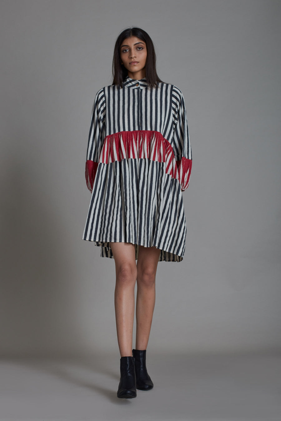 A Model Wearing Multicolor Pure Cotton Uno Stripe Dress- Black With Red, curated by Only Ethikal