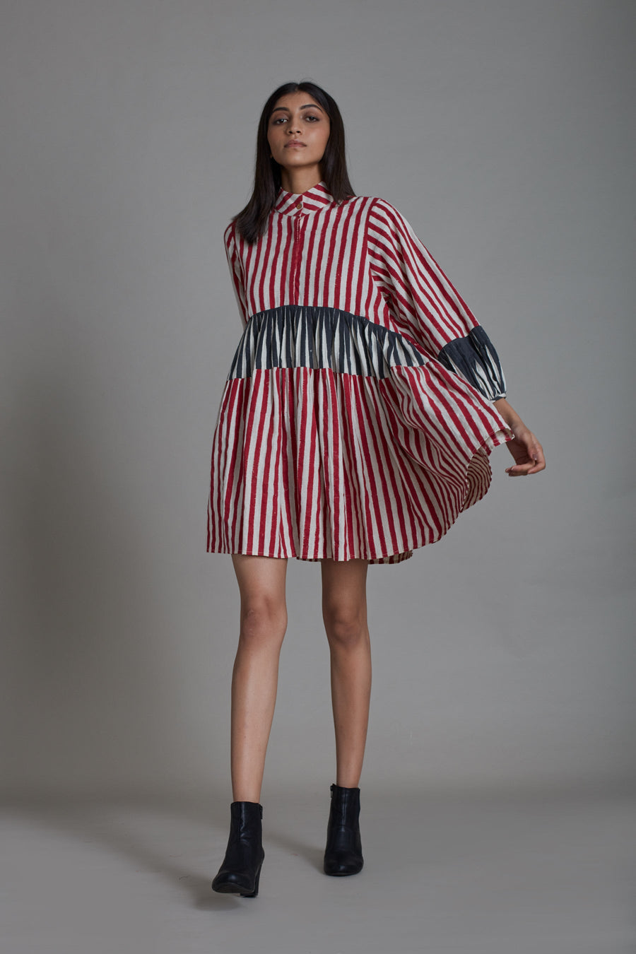 A Model Wearing Multicolor Pure Cotton Uno Stripe Dress- Red With Black, curated by Only Ethikal