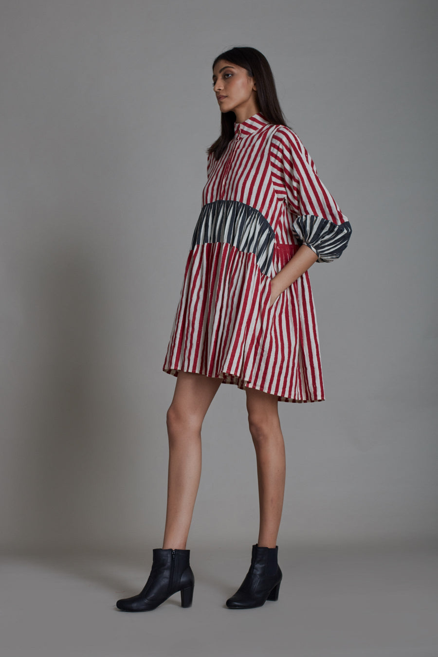 A Model Wearing Multicolor Pure Cotton Uno Stripe Dress- Red With Black, curated by Only Ethikal