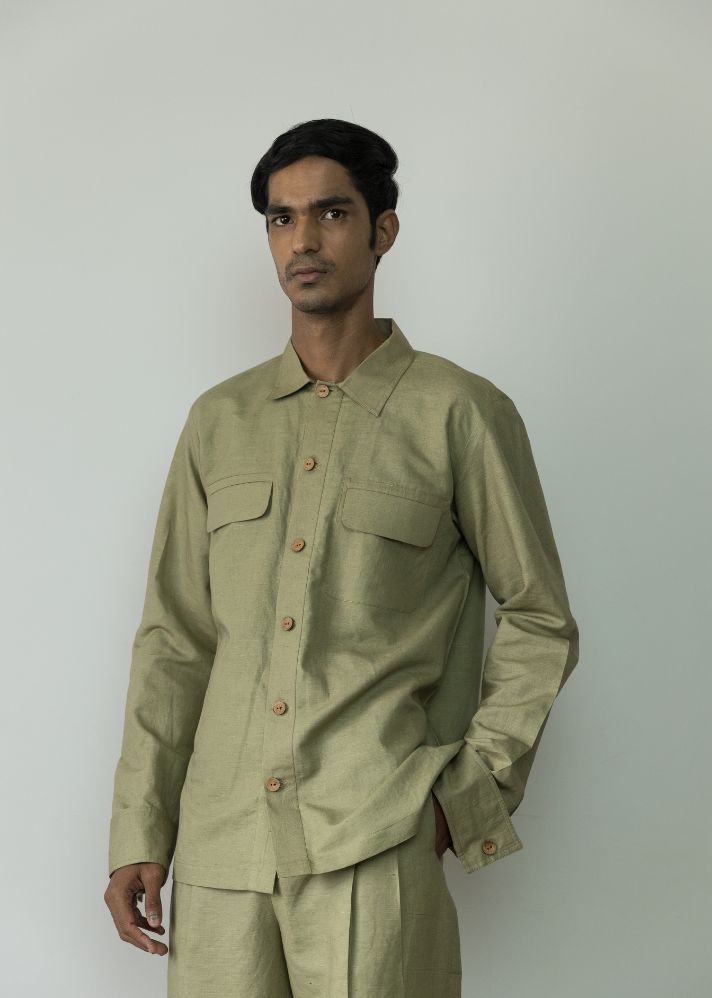 A Model Wearing Green Hemp Utility Overshirt, curated by Only Ethikal