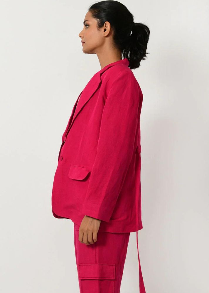 A Model Wearing Pink Organic Cotton Viva Magenta  Linen Cargo Jacket, curated by Only Ethikal