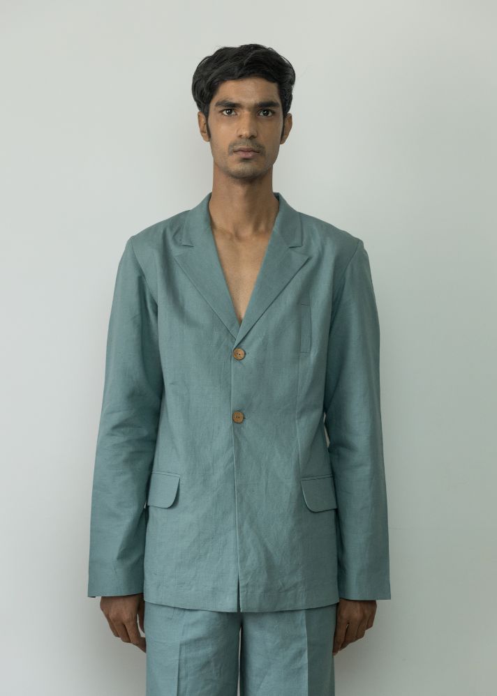 A Model Wearing Blue Hemp Single Breasted Tailored Blazer, curated by Only Ethikal