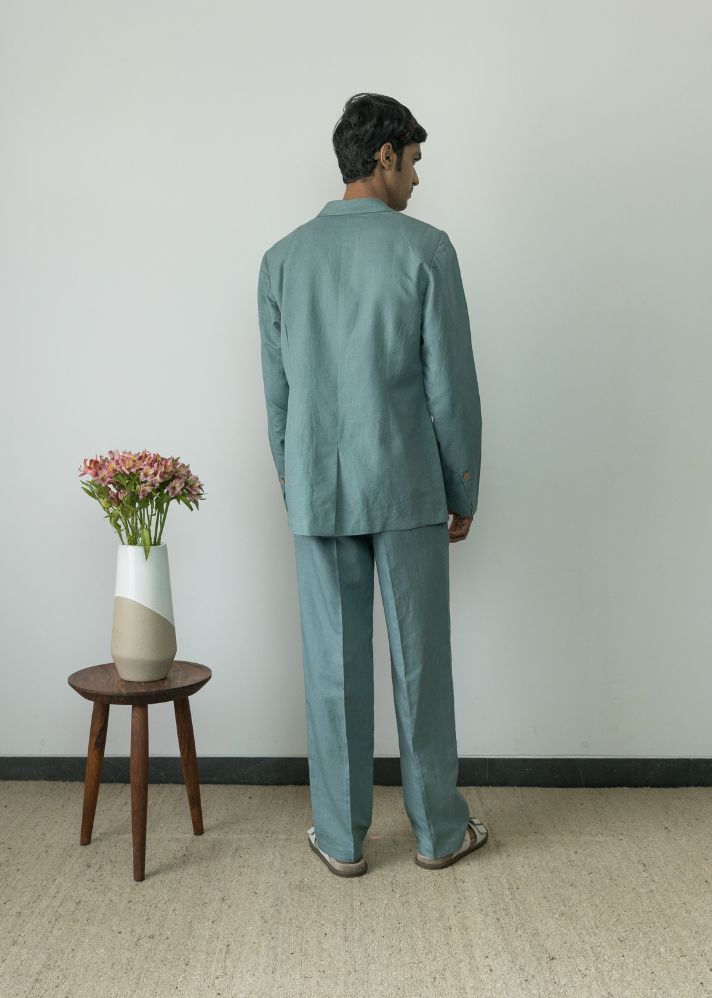 A Model Wearing Blue Hemp Single Breasted Tailored Blazer, curated by Only Ethikal
