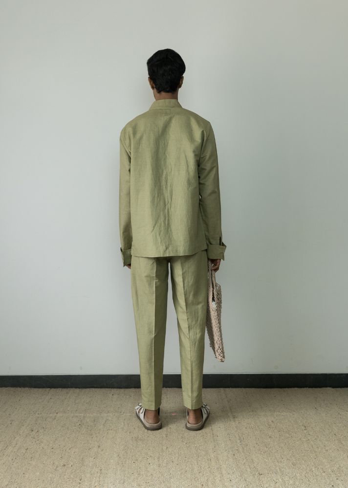 A Model Wearing Green Hemp Utility Overshirt, curated by Only Ethikal