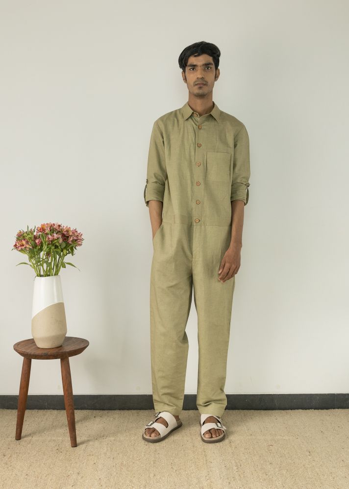 A Model Wearing Green Hemp The Picnic Jumpsuit, curated by Only Ethikal